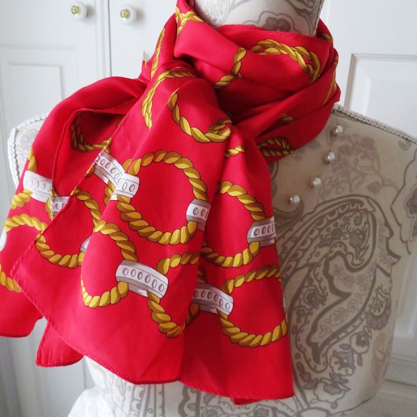 Vintage Long TALBOTS Silk Scarf - Bright Red Gold Ropes and Chains - Womens Fashions Accessories - Designer Scarf - Spring Summer - Gift