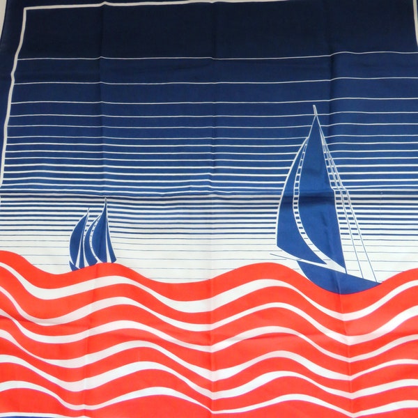 Vintage Square Nautical Scarf - Blue Sailboats - Red White Blue Boating Yachting Sailing Scarf - Womens Accessories - Made in Italy - Gift