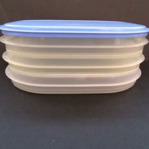 May include: Stack of four translucent, oval-shaped food storage containers with a light blue lid. The containers are nested, showing their accordion-like design. The containers are made of a clear, flexible plastic.