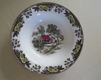 1950s Fair Oaks Round Serving Bowl by Royal China - Farmhouse Scene Ceramic Brown Multicolor Transferware Dishes Country Scenes Fall Autumn