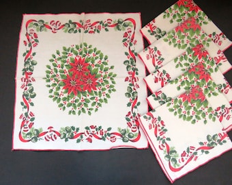 Christmas Dinner Napkins - Set of 6 Holly Poinsettias Ornaments Bells Red Ribbon - Holiday Decor - Vintage Table Linens - Christmas Napkins