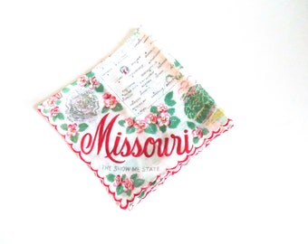 Vintage Missouri Handkerchief Hanky - Missouri State Souvenir - Show Me State - Map Major Cities Tourist Attractions - Collectible - Gift