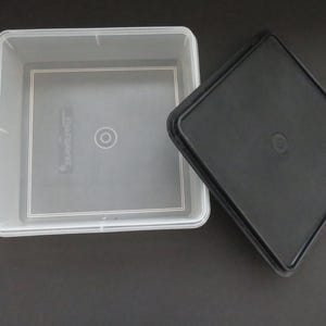 Tupperware Snack and Store Keeper - 9 Inch Square 2 Piece Clear  with Black Lid - Food Storage Container - 1970s