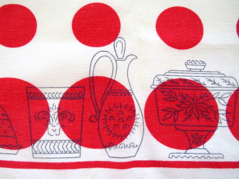 Retro Jumbo Dish Tea Towel 1950s Large Kitchen Towel Red Circles Dishes Cruet Holders Covered Bowls Small Table Cover Tablecloth MCM