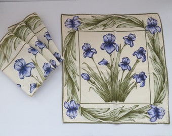 1970s Vintage Cotton Floral Napkins - Set of 4 Blue Purple Iris Flowers - Shades of Green Leaves on Ecru - Summer Table Linens Decor - Gift