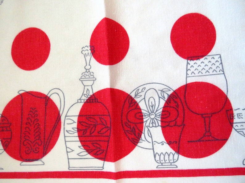 Retro Jumbo Dish Tea Towel 1950s Large Kitchen Towel Red Circles Dishes Cruet Holders Covered Bowls Small Table Cover Tablecloth MCM