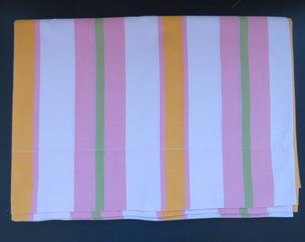 Retro Twin Flat Sheet by Sears Roebuck - Wide Pastel Stripes - Pink Green Orange Stripes - Vintage MCM Bedding Linens - Arts Crafts Fabric