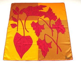 1970-tals Vera Neumann stor fyrkantig hösthalsduk - lönn eklöv rostguldbrun beige silhuett lövmönster - Mod Groovy Graphics - Gåva
