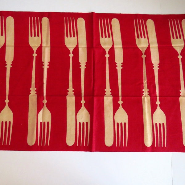 Vintage Fork and Knife Tea Towel by MARTEX - Red and White Knife and Fork Dish Kitchen Towel - Bold Retro Silverware Graphics - Collectible