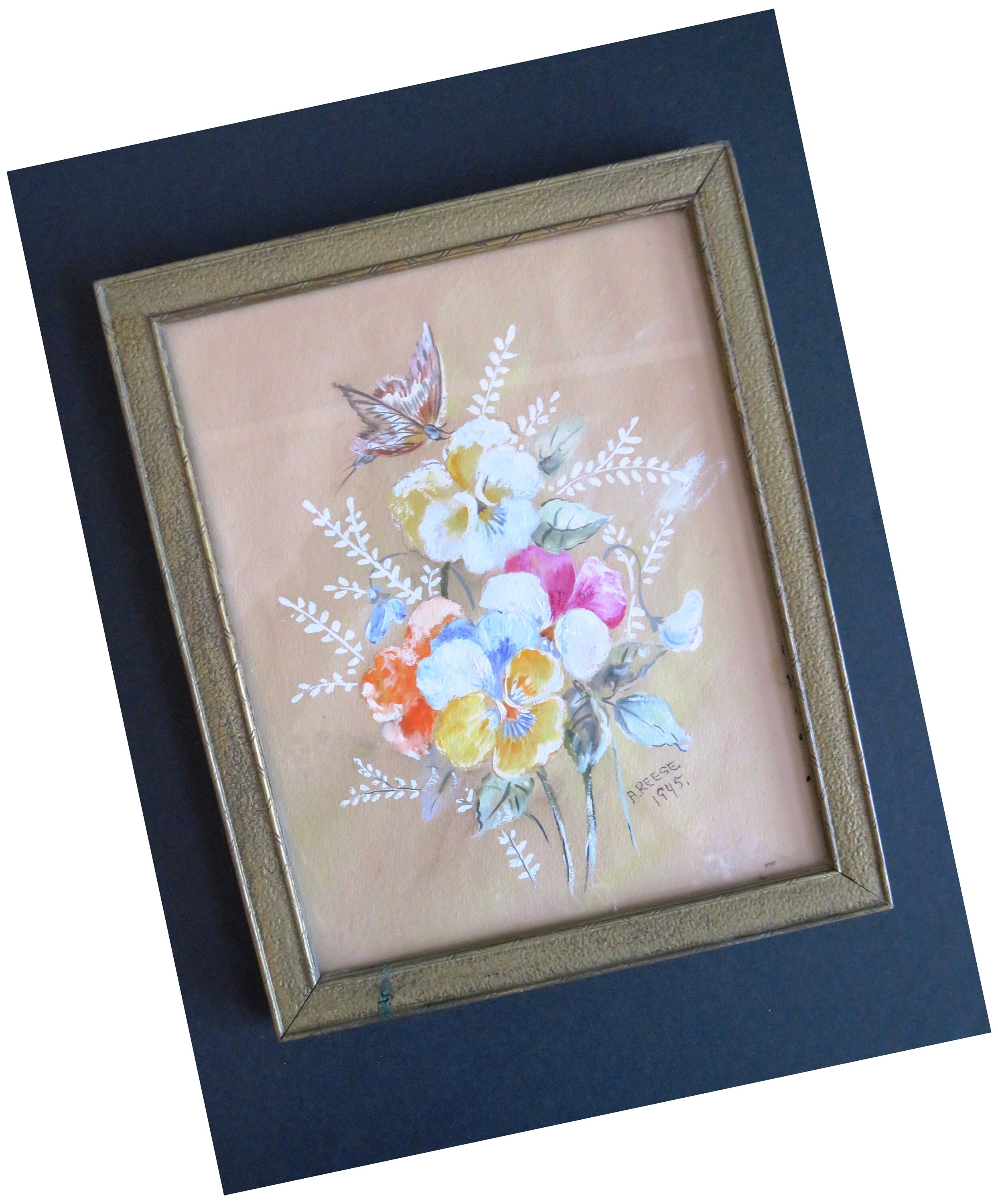 1940 年代の額入り花の絵 - 手描きの花、蝶、シダ - 木製フレームの