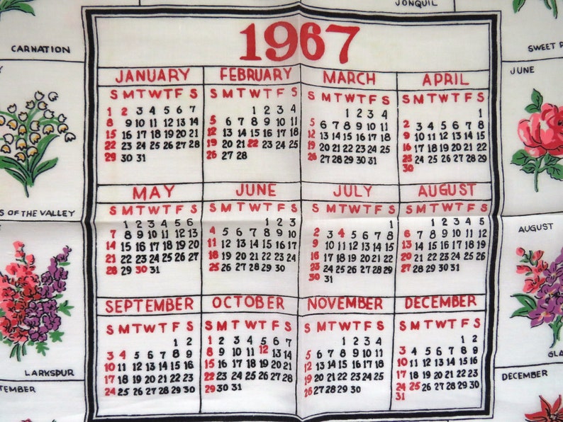 1967 Calendar Handkerchief Birth Month Flowers Red Marked Etsy