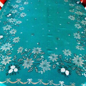 1960s Large Dark Green Christmas Tablecloth - Silver Metallic Pinecones Poinsettias Holly Berries Metallic Ribbons - Holiday Table - AS IS