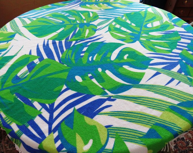 1970s Round Terry Cloth Tablecloth With Fringe Retro Mod Green Blue