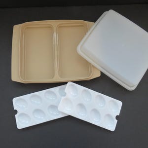 Recipiente Tupperware para huevos rellenos, década de 1970, color tostado, para 4 verduras cortadas, de plástico, para el hogar, para guardar alimentos, para picnics, comidas compartidas, caravanas