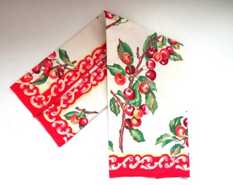 Vintage Red Cherries Dish Towel - 1950s Mid Century Modern Fruit Themed Tea Towel - Red Yellow Green Vintage Kitchen Linens - MCM Towel Gift