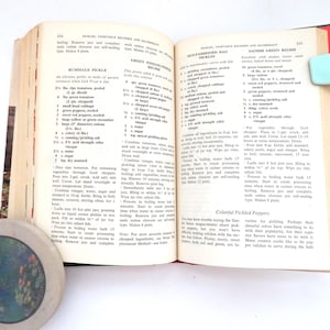 May include: An open cookbook with pages 234 and 235 visible, featuring recipes for Rummage Pickle, Green Tomato Relish, Old-Fashioned Rag Pickles, and Danish Green Relish. A light blue clip holds the top right corner, and a round coaster is nearby.
