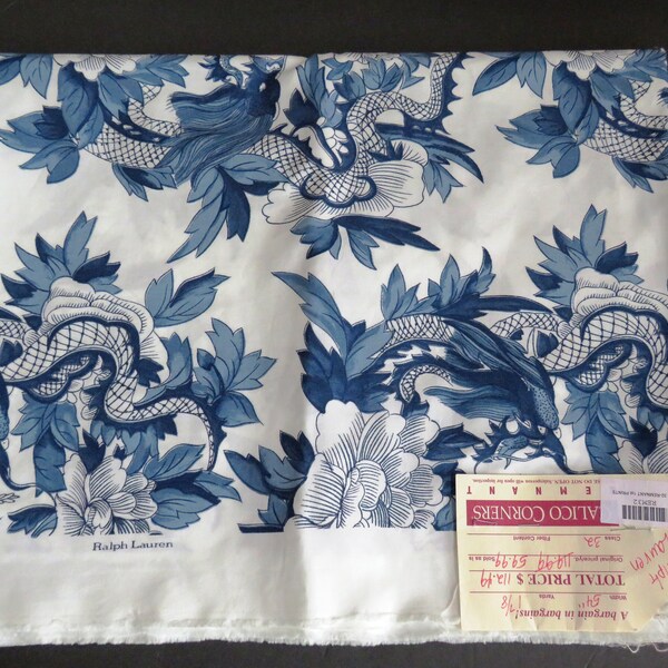 Ralph Lauren Fabric 1.97 Yards Tamarind Nanking Chinese Porcelain - Blue White Exotic Birds Dragons - New Sewing Dragon Material Crafts