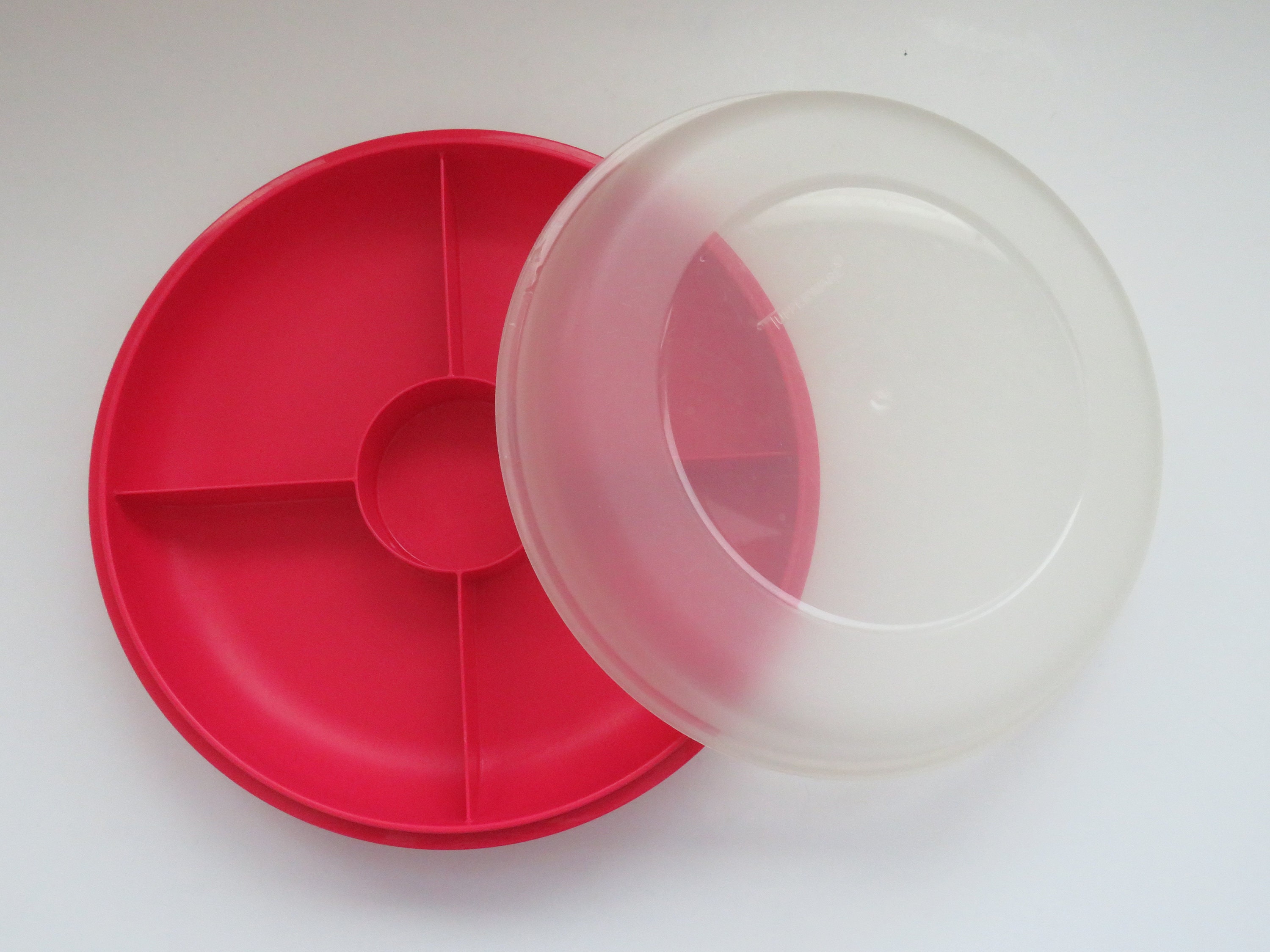 Tupperware DIVIDED Veggie TRAY 405 With PINK LID White ROUND 7 Compartments