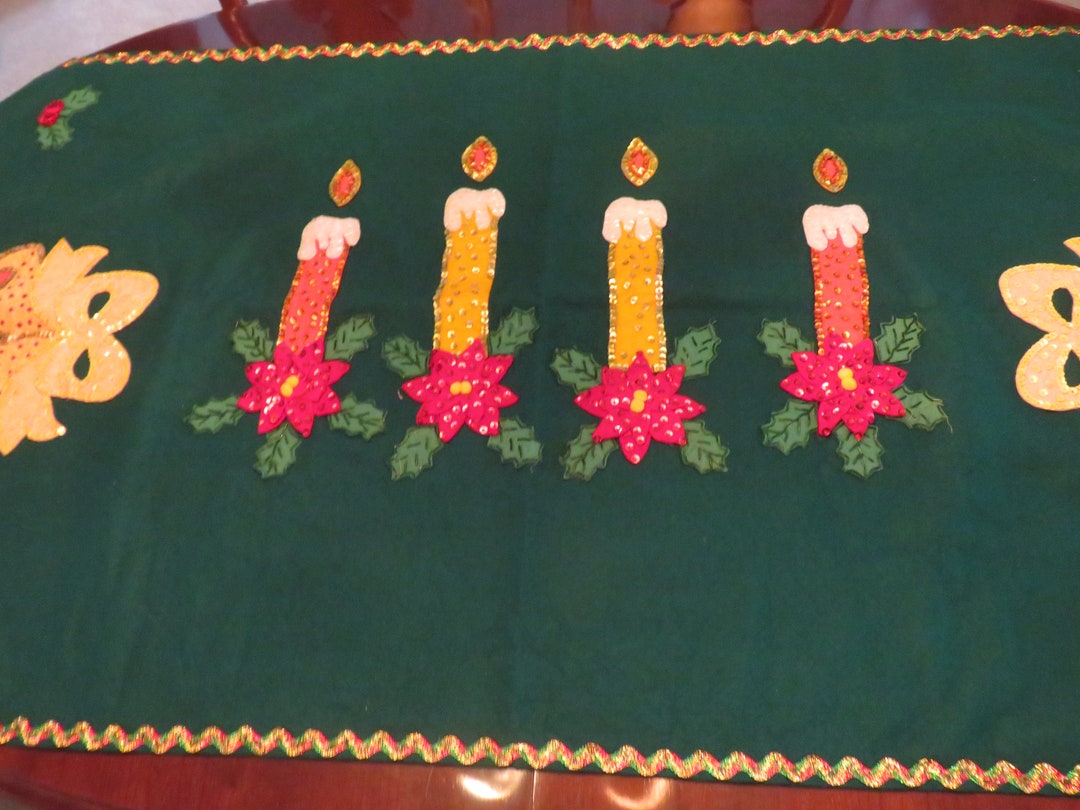 Vintage Christmas Table Runner Hand Crafted Green Felt Sequin Candles