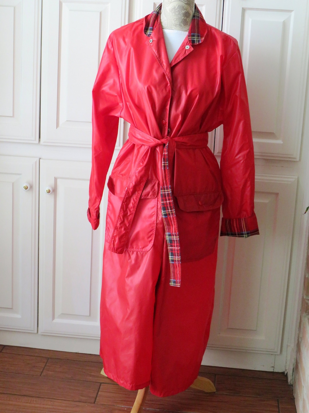 1980s Vintage Red Nylon Rain Coat by Aqua Sheen Sz Medium Long Bright