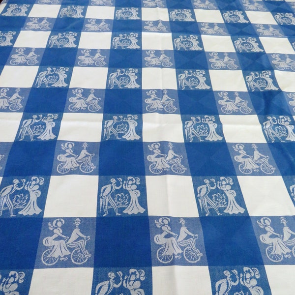 1970s Blue White Checkerboard Picnic Tablecloth - Old Fashioned Scenes Sweethearts - Blue White Kitchen - Diner Farmhouse BBQ Tablecloth