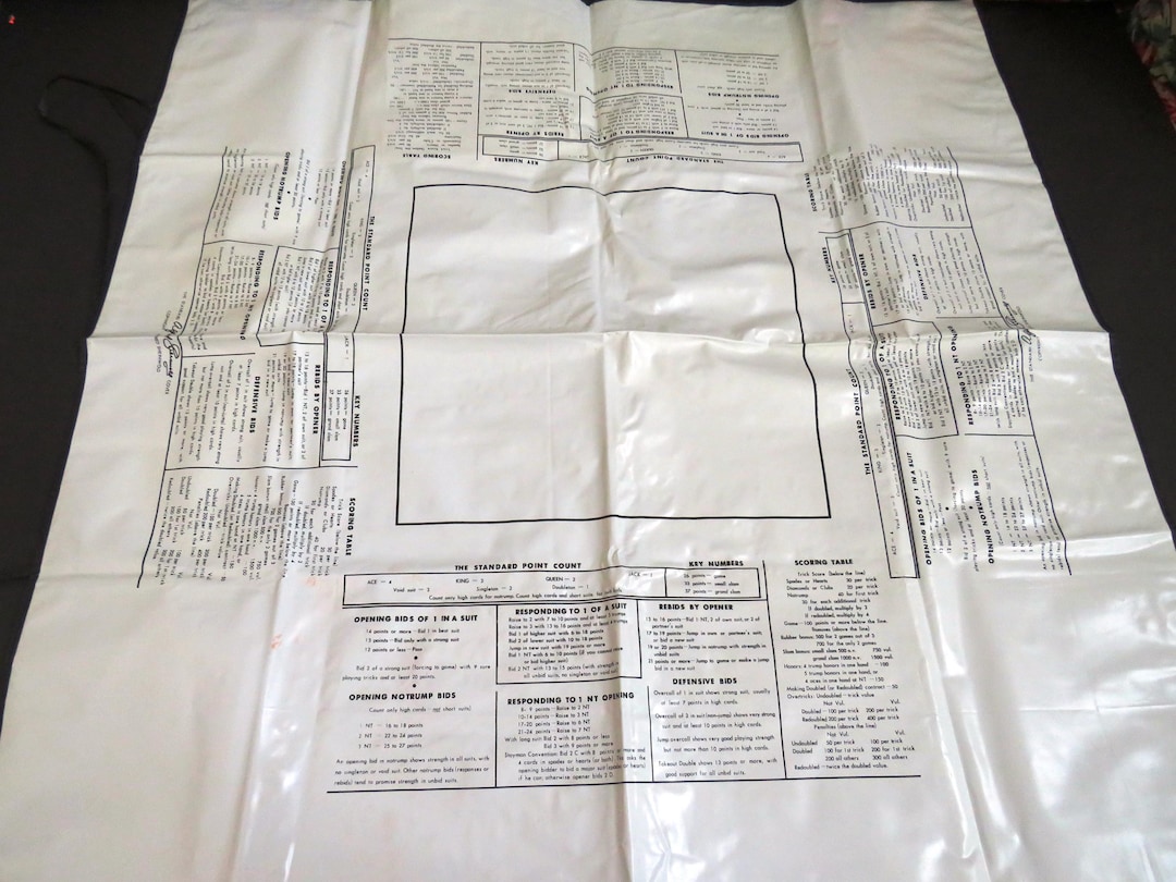 1950s Vintage BRIDGE Vinyl Card Table Cover With Rules White Vinyl