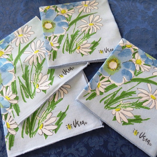 1960s Vera Neumann Floral Napkins - Set of 4 - Daisies Poppies Flowers - White Yellow Blue on Blue - Designer Summer Table Linens - Gift