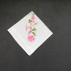 1960s Vintage GRANDMOTHER Handkerchief - Embroidered Pink Roses Hanky Hankie - Wedding Grandmother of Bride - Birthday Mothers Day Gift