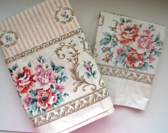 2 Piece Twin Flat Sheet and Pillowcase Set by JC Penney - Romantic Pink Stripes Floral Hem  Vintage Farmhouse Cottage French Country Bedding