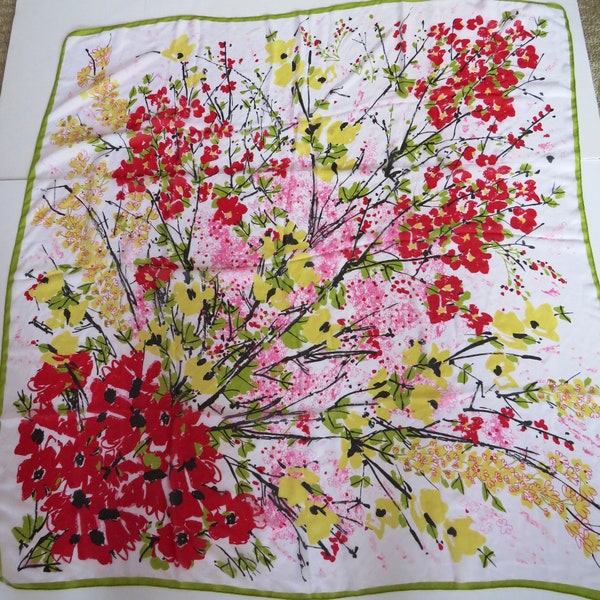 1970s Large Square Floral Scarf Wrap by VERA Neumann - Red Yellow Pink Flowers Black Branches - Designer Shawl Wrap - Vera Ladybug - Gift