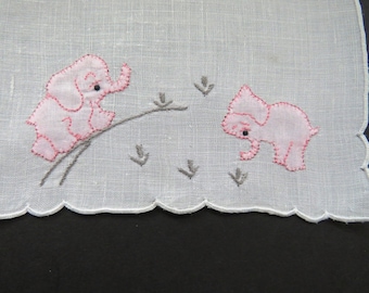 1950s Madeira Playful Pink Elephant Cocktail Napkins - 6 Hand Embroidered Appliqued Napkins - Fine Linen Cocktail Napkins Entertaining  Gift
