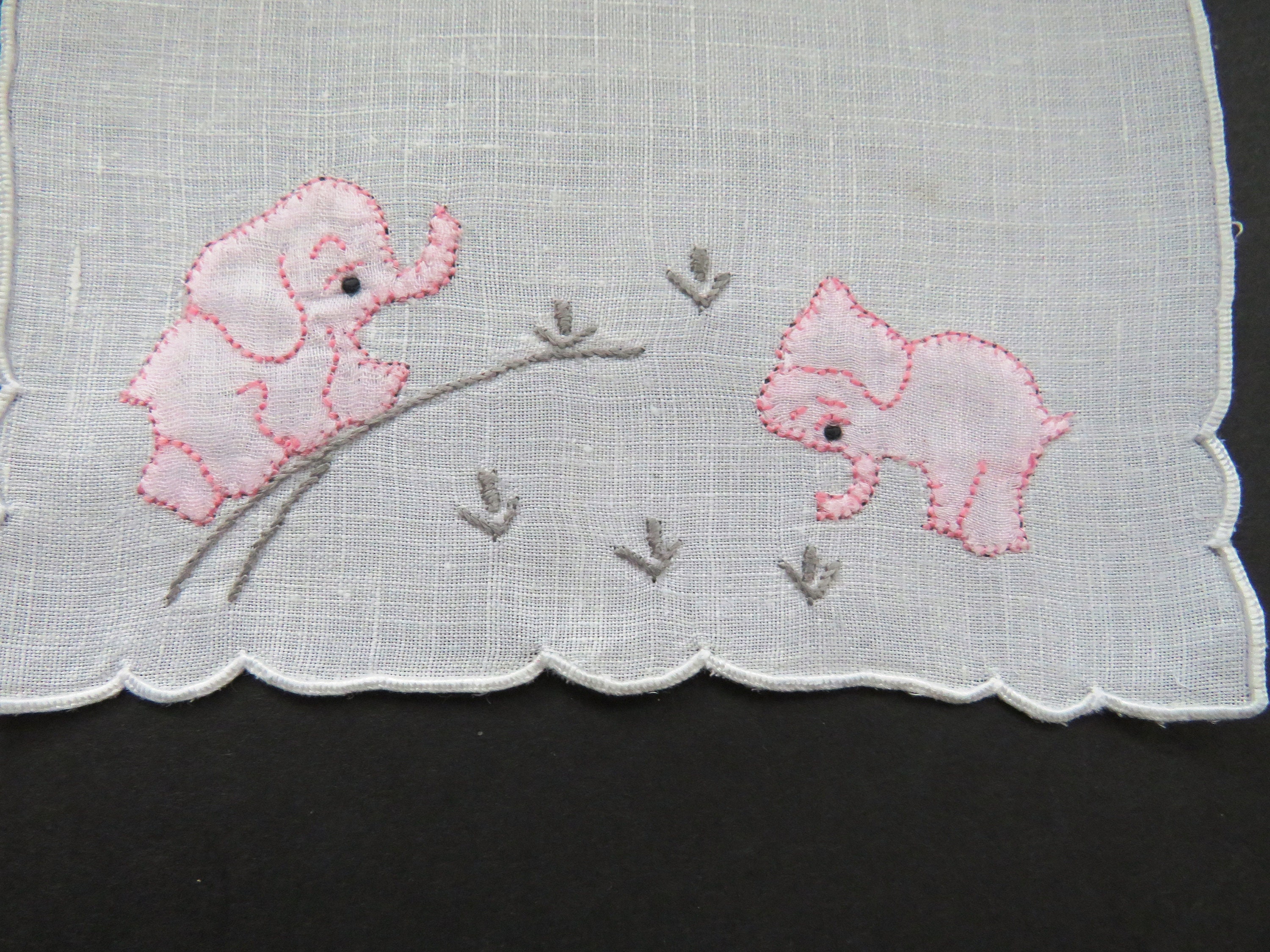 1950s Madeira Playful Pink Elephant Cocktail Napkins 6 Hand Embroidered Appliqued Napkins Fine Linen Cocktail Napkins