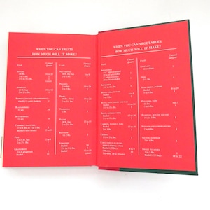 May include: An open reference book with bright red pages featuring white text charts titled When You Can Fruits How Much Will It Make and When You Can Vegetables How Much Will It Make. The charts list various produce items and their canning yields.