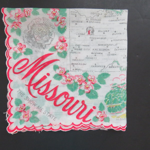 Vintage Missouri Handkerchief Hanky - Missouri State Souvenir - Show Me State - Map Major Cities Tourist Attractions - Collectible - Gift