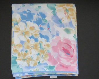 Vintage FULL Double Flat Floral Sheet by Springmaid - Flower Power - Blue Pink Yellow Gold Flowers Roses Crocus - Pastel Abstract Flowers