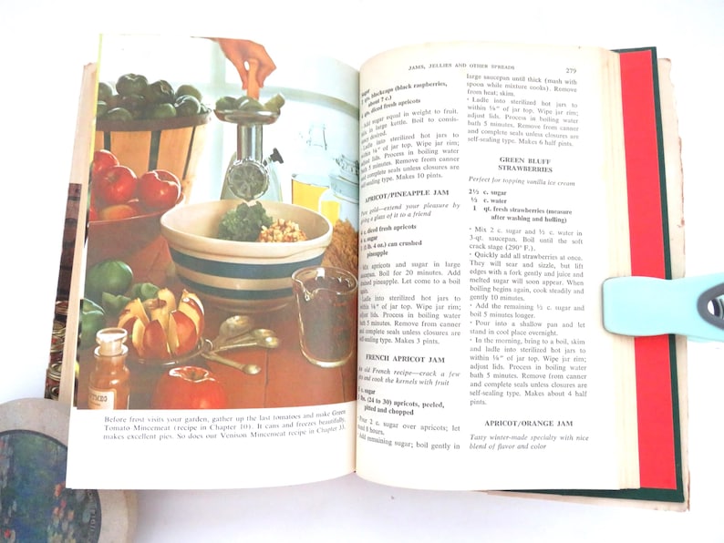 May include: An open vintage cookbook with a page featuring recipes for jams, jellies, and preserves. The left page displays a colorful illustration of a food grinder, a mixing bowl, and fresh produce. The right page contains printed text recipes.