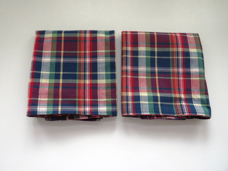 2 Ralph Lauren KING Pillow Shams Summer Cabin Lodge Garrison Plaid Madras Blue Red Yellow Green Vintage Ralph Lauren Bedding Linens