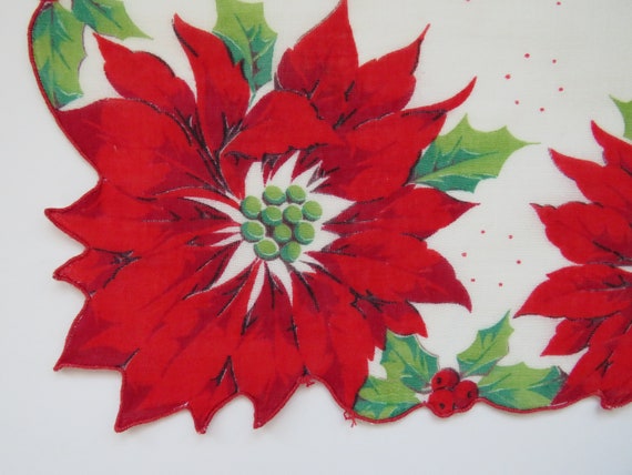 1960s Christmas Handkerchief - Red Cut Out Poinse… - image 3