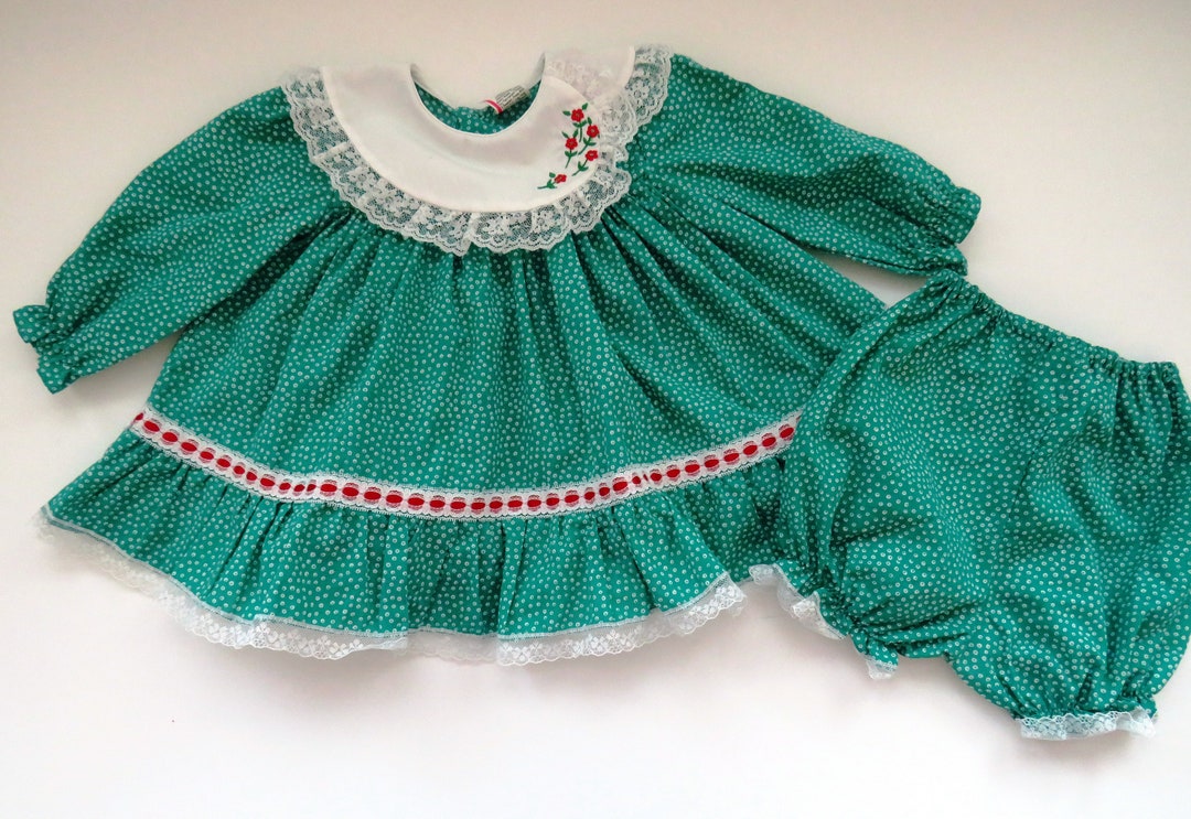 2 Piece Baby Girls Dress and Bloomers by Baby Togs Size 12 Mo Long Sleeve Green With White Polka