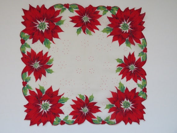 1960s Christmas Handkerchief - Red Cut Out Poinse… - image 1