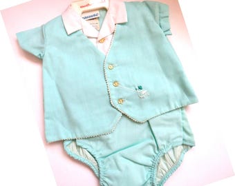 1960s Vintage Baby Boys Top and Bottom Set by Nannette - Hand Embroidered Mint Green Shirt and Diaper Cover - Size 0 to 3 Months -  Gift