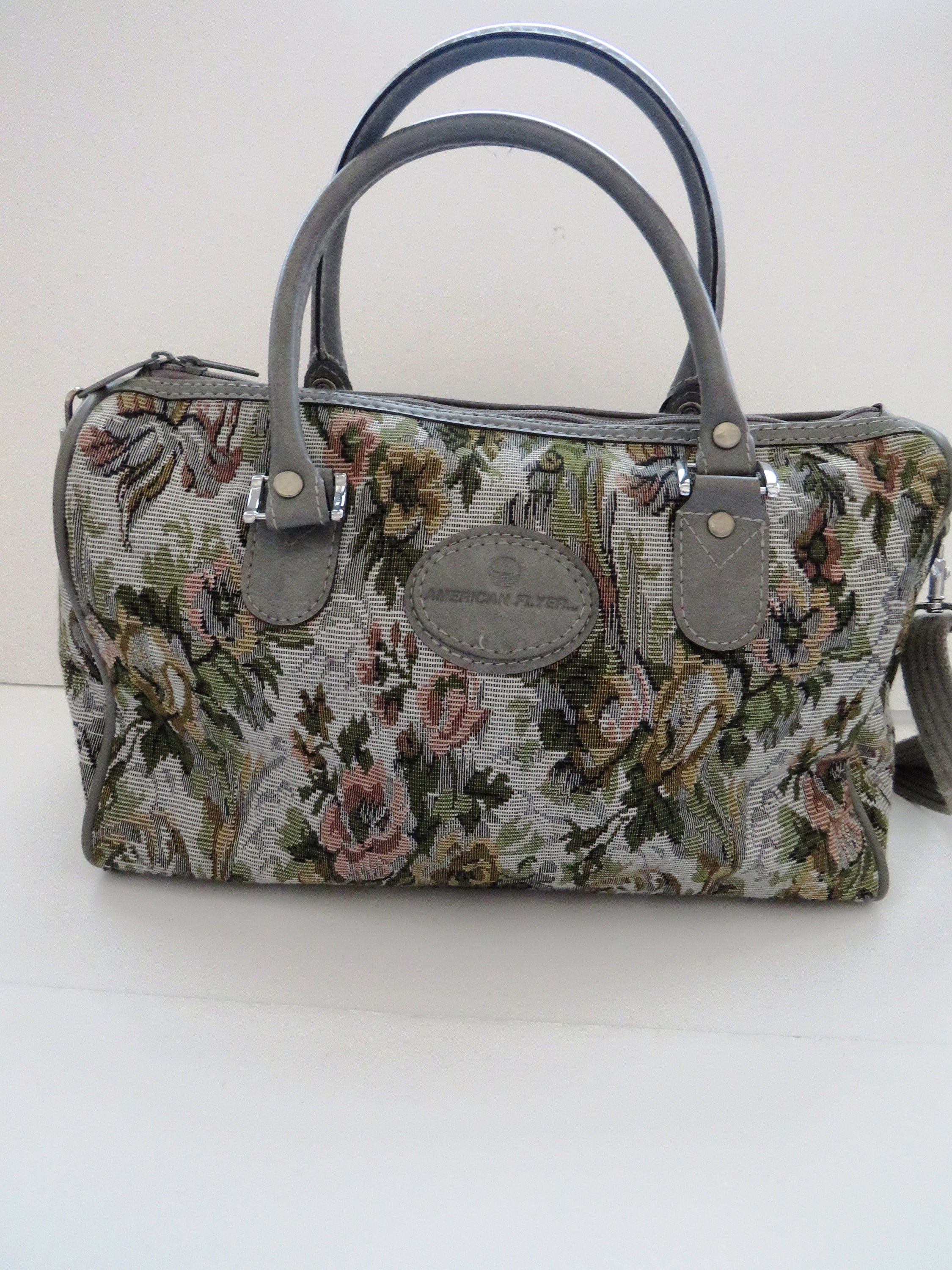 最高級のスーパー Travel Tapestry Flyer American 1980s Bag Carry Floral Gray - 旅行かばん・小分けバッグ