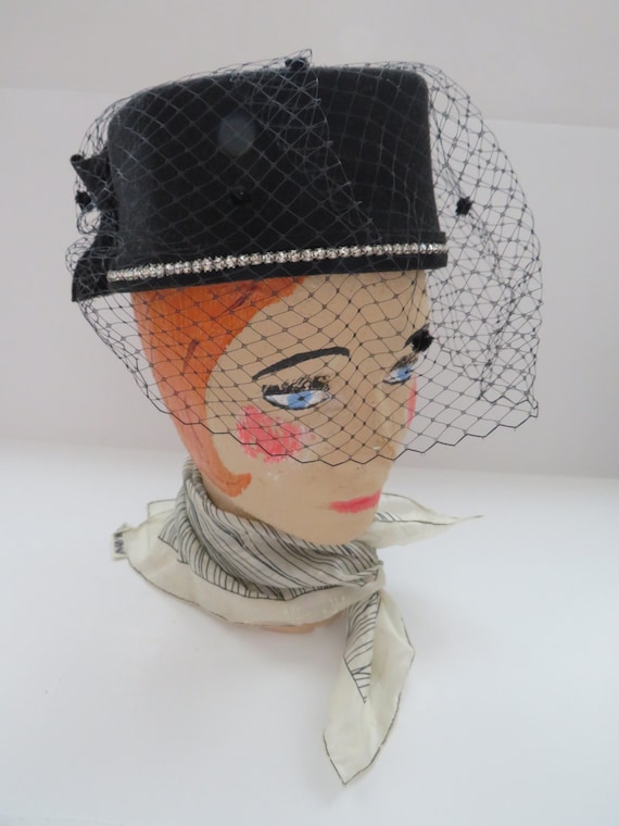 1970s Black Womens Pillbox Hat by Geo W Bollman - 