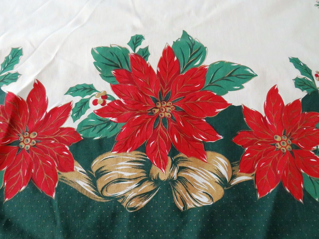 1990s Large OVAL Christmas Tablecloth Red Poinsettias Holly Berries