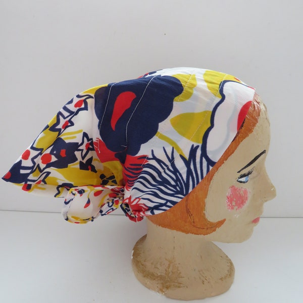 1960s Triangle Head Scarf - Red Yellow Navy White Floral Nylon Kerchief Bandana - Boho Kerchief Bandana - Retro Head Cover Hat Hair Cover Up