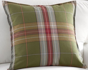 Decorative Pillow COVER by Pottery Barn - Charles Plaid - Green Gold Rust Plaid Pattern - Decorator Toss Cushion - Throw Pillow Cover - NEW