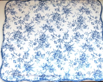 ONE Laura Ashley Quilted Standard Pillow SHAM - Porcelain Blue Floral Toile Pattern on White - Country Cottage Farmhouse Bedding Linens