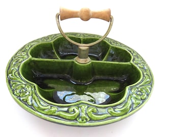 1950s Mid Century Modern Condiment Dish by Lane Ceramics - Dark Green Divided Relish Tray Wood Handle - Retro Nut Candy Serving Dish - Gift