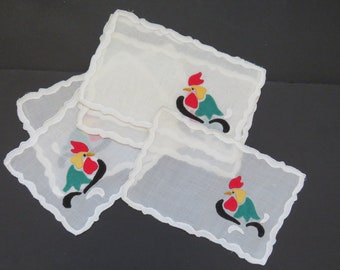 1950s MADEIRA Hand Embroidered Cocktail Napkins - Set of 6 - Applique Rooster Organdy Coasters Napkins - Cocktails Barware Fine Linens Gift