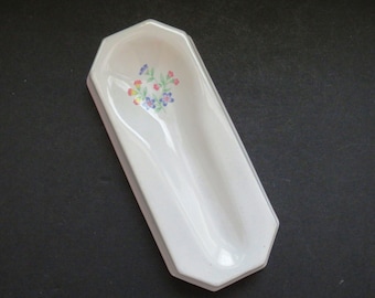 1980s Ceramic Spoon Rest by Sarma Studios - Victorian Flowers - Pink Blue Yellow Floral Kitchen Stove Decor - Farmhouse Cottage  - Gift